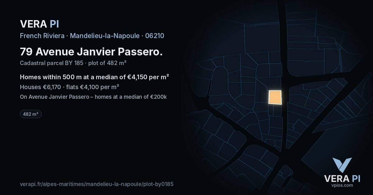 79 Avenue Janvier Passero, Mandelieu-la-Napoule at night – the plot lit, the parcels around coloured by the prices near them