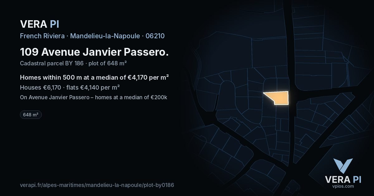109 Avenue Janvier Passero, Mandelieu-la-Napoule at night – the plot lit, the parcels around coloured by the prices near them