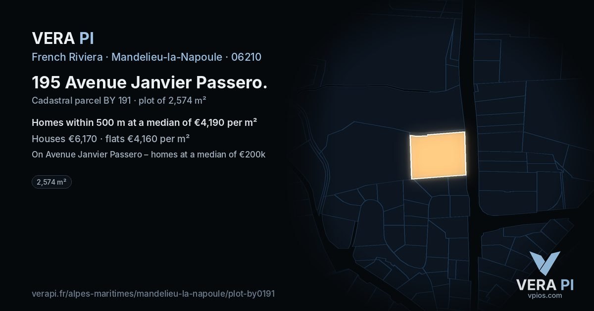 195 Avenue Janvier Passero, Mandelieu-la-Napoule at night – the plot lit, the parcels around coloured by the prices near them