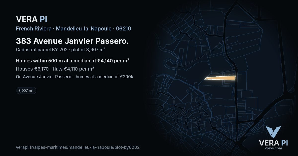 383 Avenue Janvier Passero, Mandelieu-la-Napoule at night – the plot lit, the parcels around coloured by the prices near them