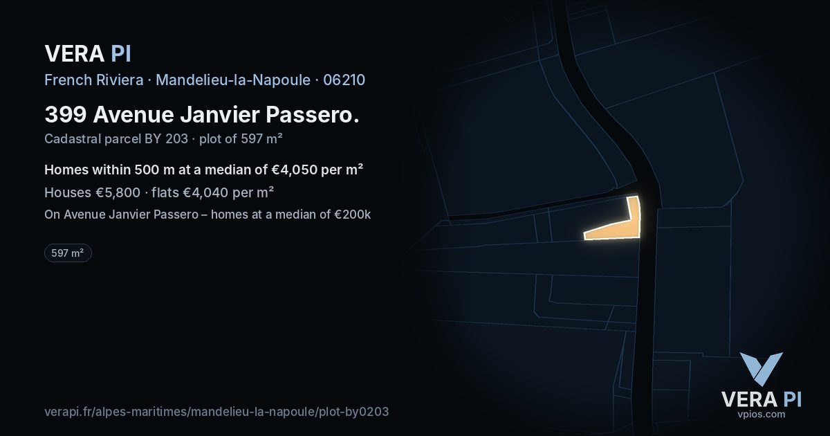 399 Avenue Janvier Passero, Mandelieu-la-Napoule at night – the plot lit, the parcels around coloured by the prices near them