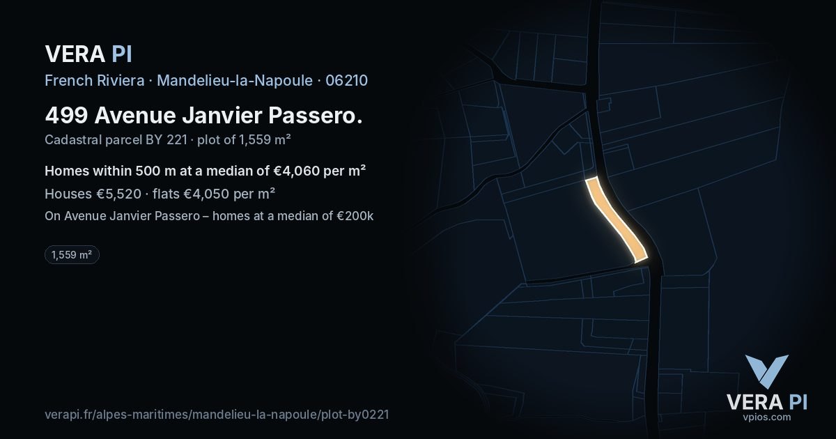 499 Avenue Janvier Passero, Mandelieu-la-Napoule at night – the plot lit, the parcels around coloured by the prices near them