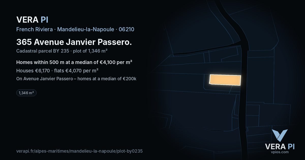 365 Avenue Janvier Passero, Mandelieu-la-Napoule at night – the plot lit, the parcels around coloured by the prices near them