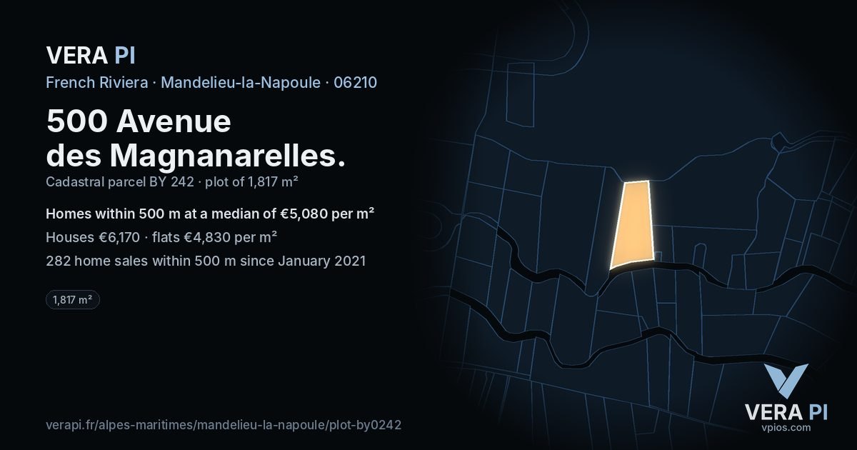 500 Avenue des Magnanarelles, Mandelieu-la-Napoule at night – the plot lit, the parcels around coloured by the prices near them