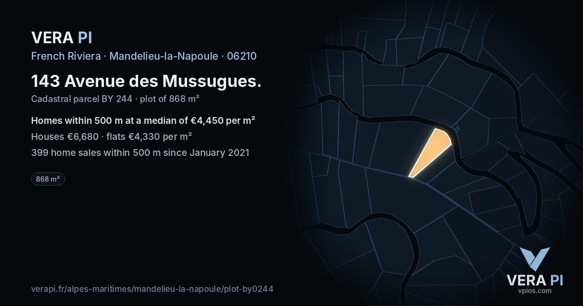 143 Avenue des Mussugues, Mandelieu-la-Napoule at night – the plot lit, the parcels around coloured by the prices near them