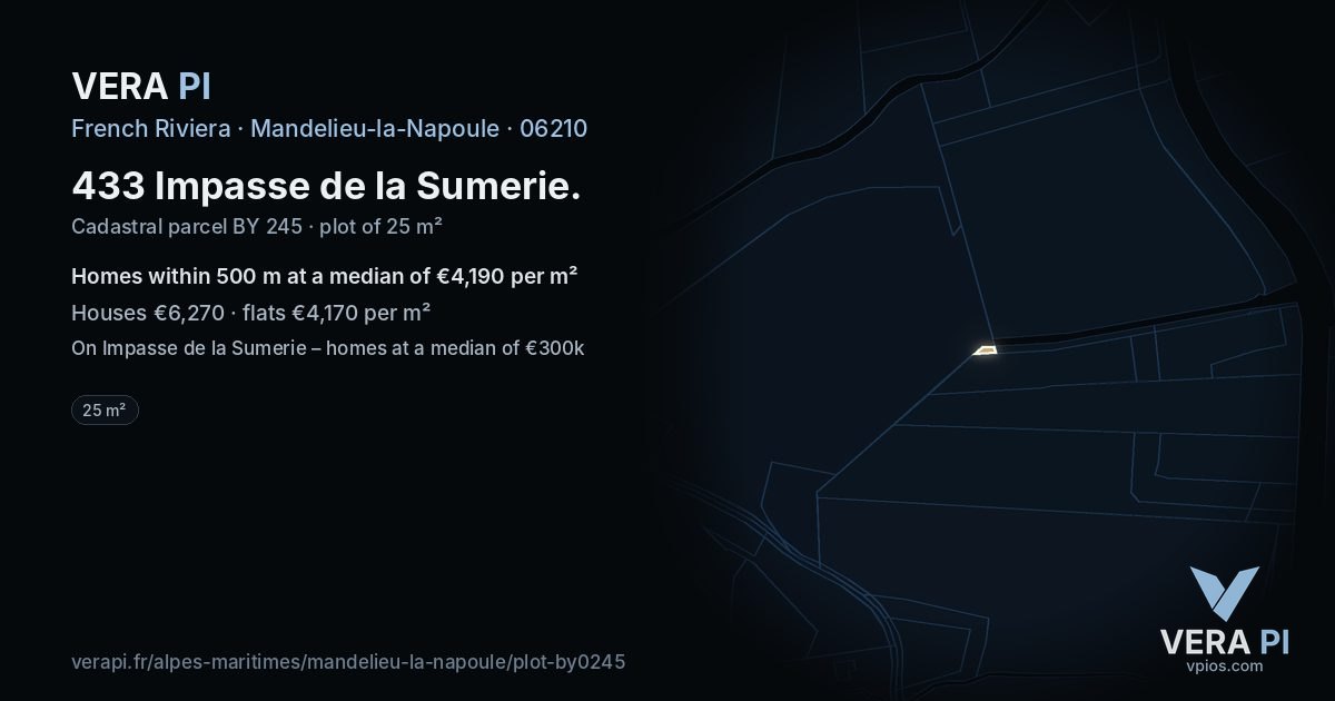 433 Impasse de la Sumerie, Mandelieu-la-Napoule at night – the plot lit, the parcels around coloured by the prices near them