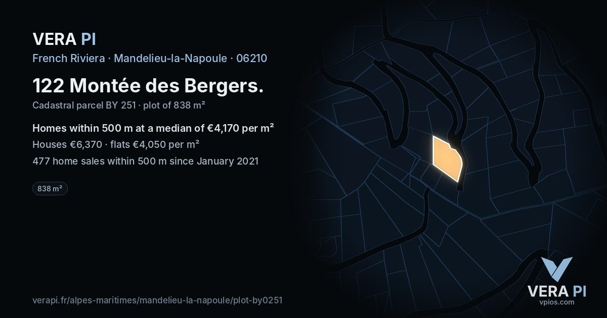 122 Montée des Bergers, Mandelieu-la-Napoule at night – the plot lit, the parcels around coloured by the prices near them