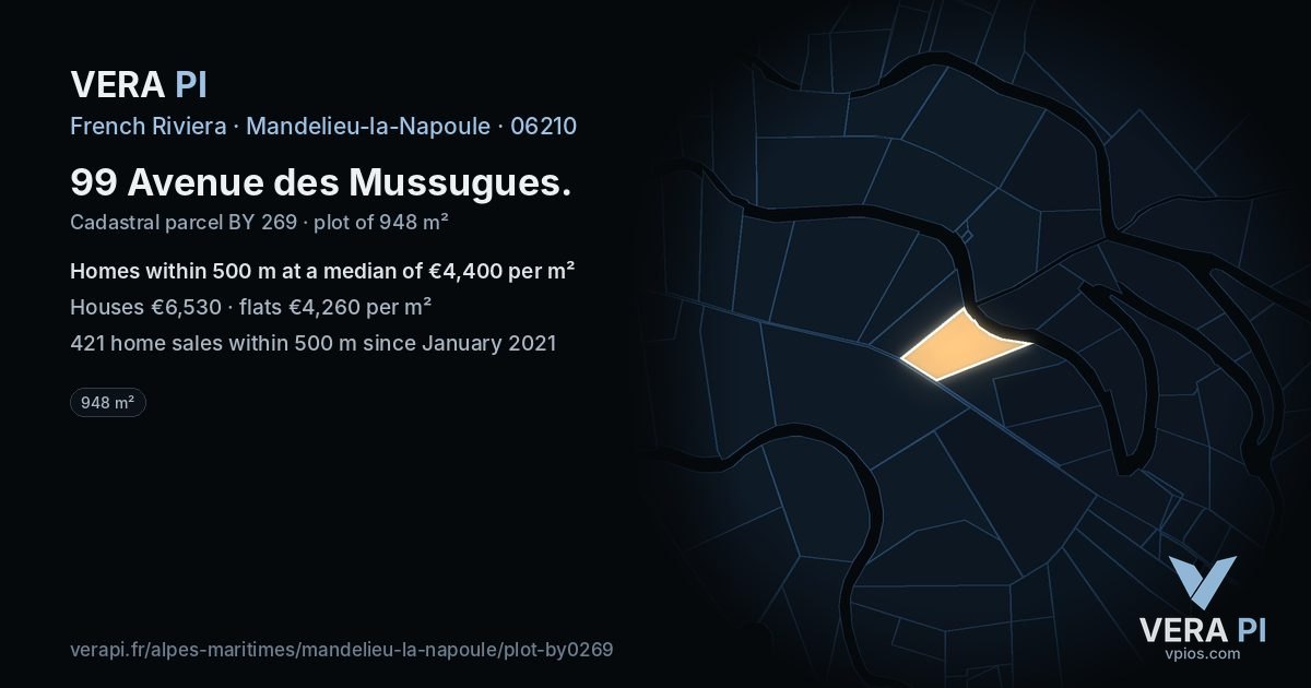 99 Avenue des Mussugues, Mandelieu-la-Napoule at night – the plot lit, the parcels around coloured by the prices near them