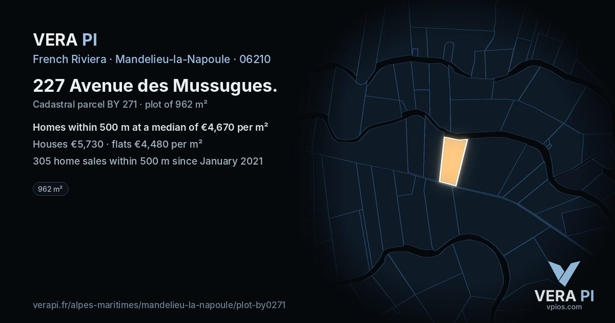 227 Avenue des Mussugues, Mandelieu-la-Napoule at night – the plot lit, the parcels around coloured by the prices near them
