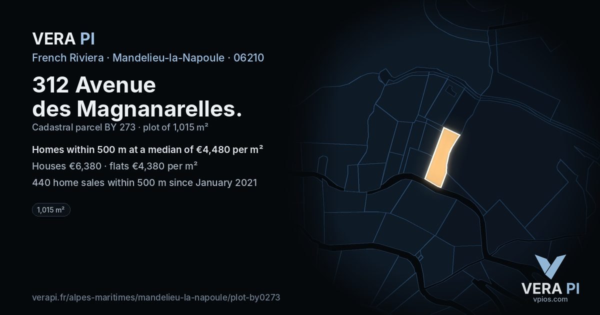 312 Avenue des Magnanarelles, Mandelieu-la-Napoule at night – the plot lit, the parcels around coloured by the prices near them