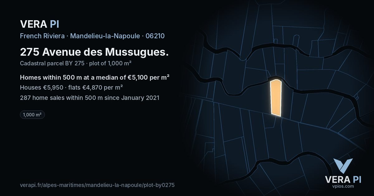 275 Avenue des Mussugues, Mandelieu-la-Napoule at night – the plot lit, the parcels around coloured by the prices near them