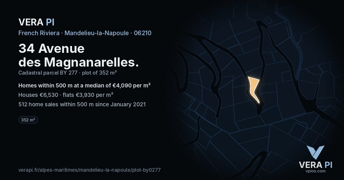 34 Avenue des Magnanarelles, Mandelieu-la-Napoule at night – the plot lit, the parcels around coloured by the prices near them