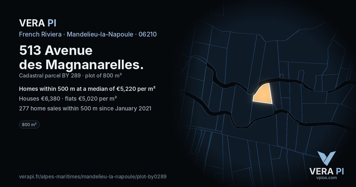 513 Avenue des Magnanarelles, Mandelieu-la-Napoule at night – the plot lit, the parcels around coloured by the prices near them