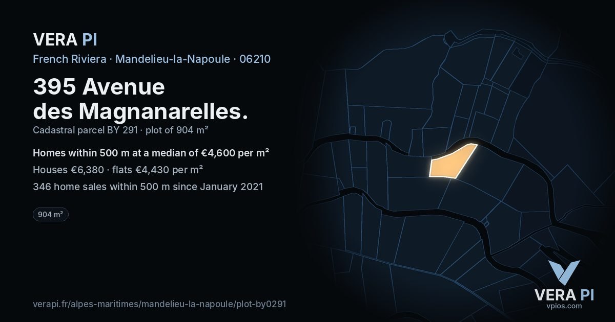 395 Avenue des Magnanarelles, Mandelieu-la-Napoule at night – the plot lit, the parcels around coloured by the prices near them