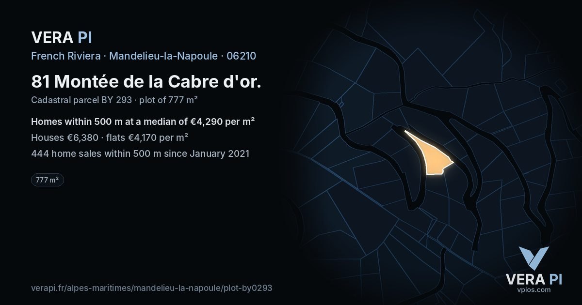 81 Montée de la Cabre d'or, Mandelieu-la-Napoule at night – the plot lit, the parcels around coloured by the prices near them