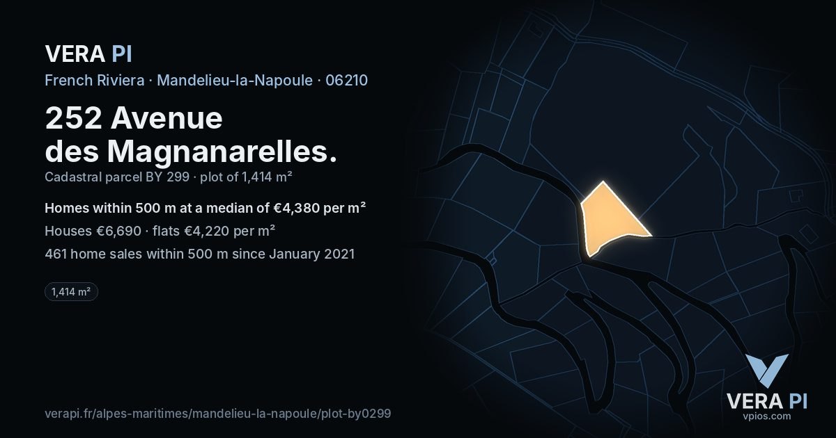 252 Avenue des Magnanarelles, Mandelieu-la-Napoule at night – the plot lit, the parcels around coloured by the prices near them