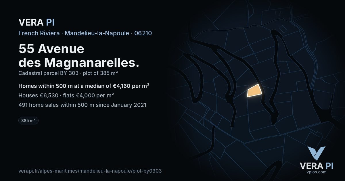 55 Avenue des Magnanarelles, Mandelieu-la-Napoule at night – the plot lit, the parcels around coloured by the prices near them