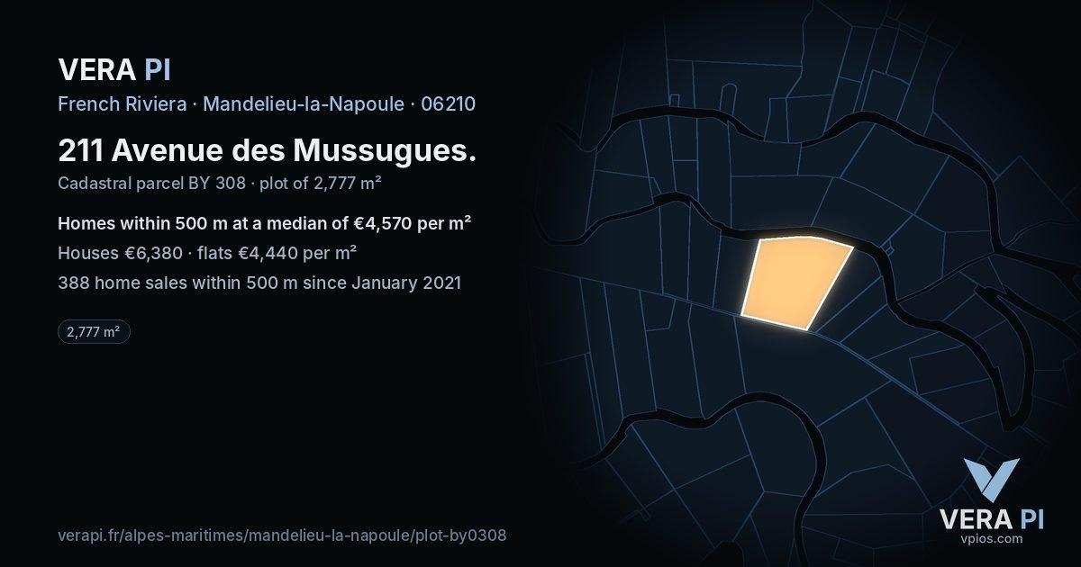 211 Avenue des Mussugues, Mandelieu-la-Napoule at night – the plot lit, the parcels around coloured by the prices near them