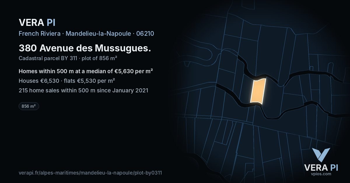 380 Avenue des Mussugues, Mandelieu-la-Napoule at night – the plot lit, the parcels around coloured by the prices near them