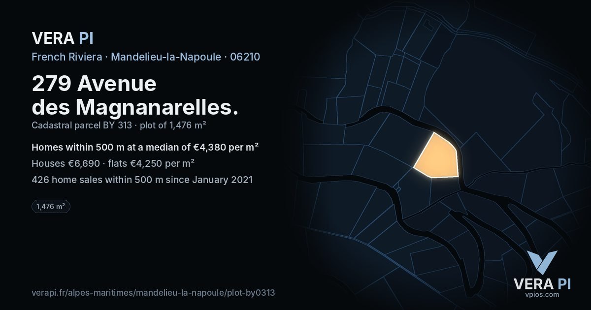 279 Avenue des Magnanarelles, Mandelieu-la-Napoule at night – the plot lit, the parcels around coloured by the prices near them