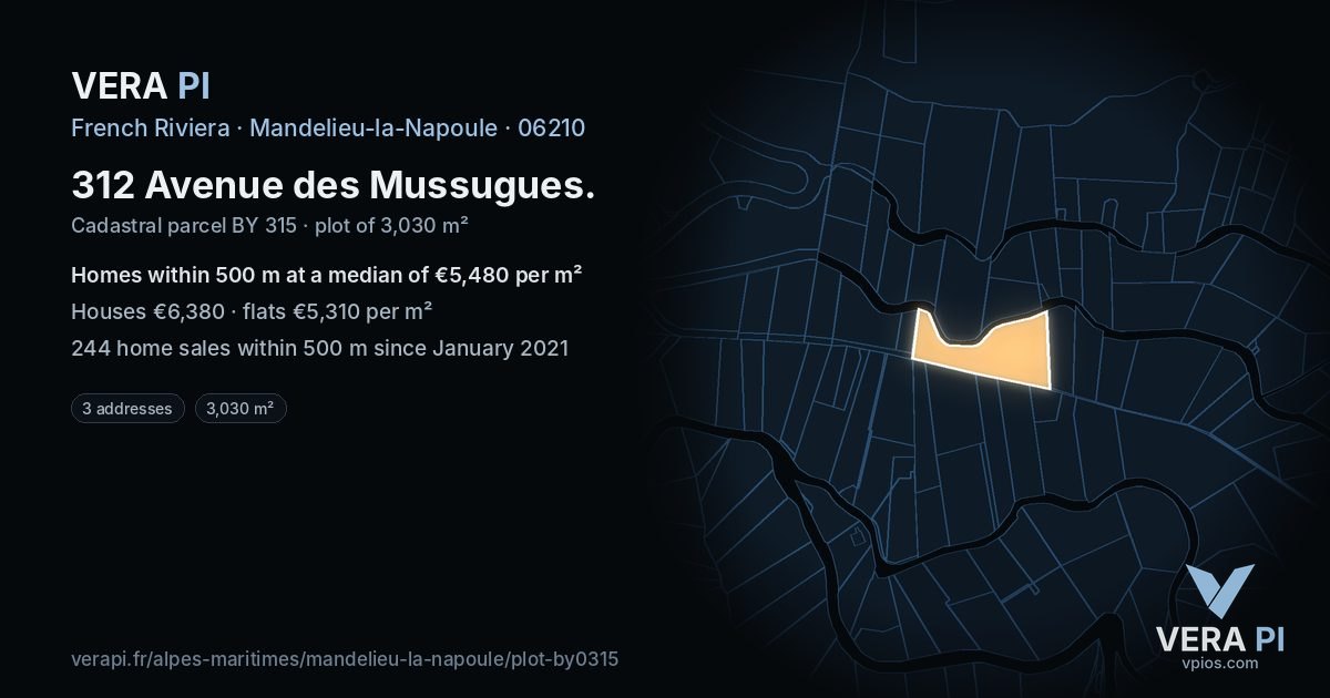 312 Avenue des Mussugues, Mandelieu-la-Napoule at night – the plot lit, the parcels around coloured by the prices near them