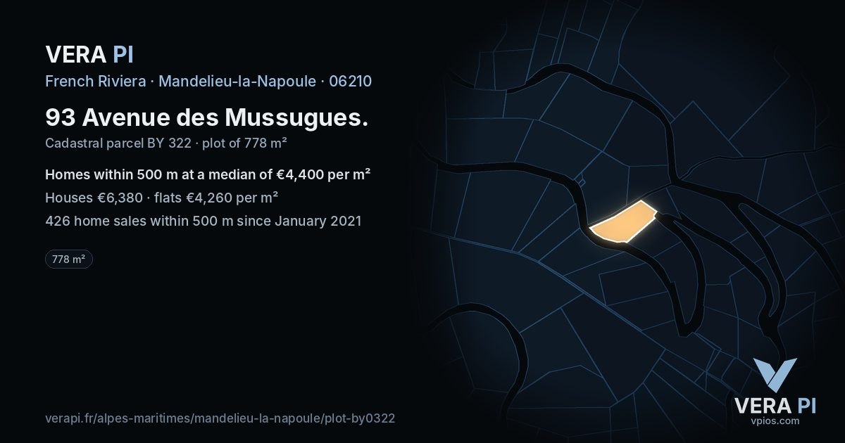 93 Avenue des Mussugues, Mandelieu-la-Napoule at night – the plot lit, the parcels around coloured by the prices near them