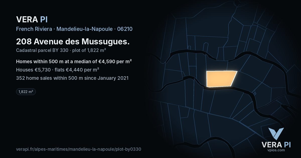 208 Avenue des Mussugues, Mandelieu-la-Napoule at night – the plot lit, the parcels around coloured by the prices near them
