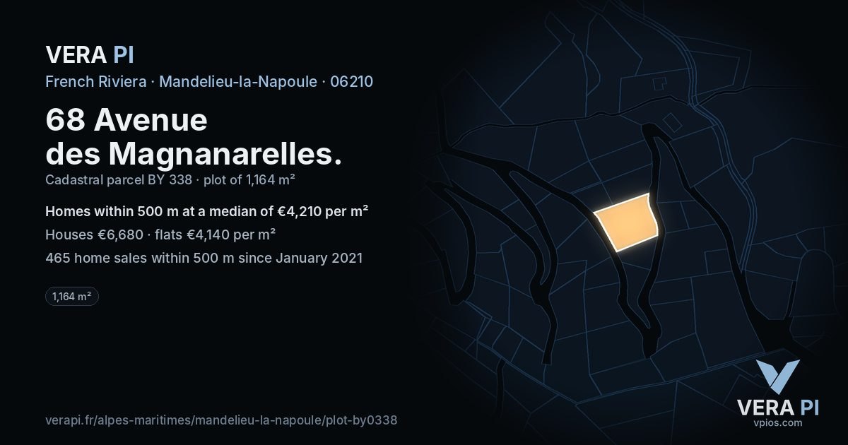 68 Avenue des Magnanarelles, Mandelieu-la-Napoule at night – the plot lit, the parcels around coloured by the prices near them