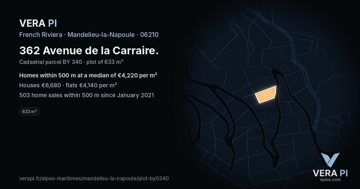 362 Avenue de la Carraire, Mandelieu-la-Napoule at night – the plot lit, the parcels around coloured by the prices near them