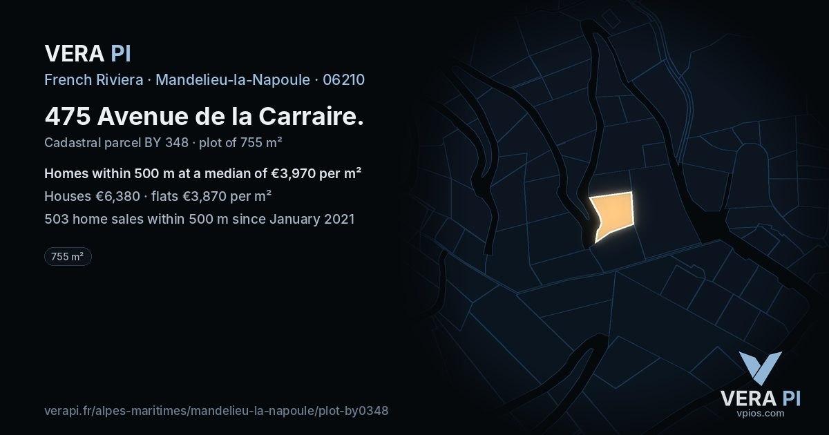 475 Avenue de la Carraire, Mandelieu-la-Napoule at night – the plot lit, the parcels around coloured by the prices near them