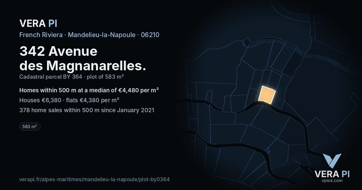 342 Avenue des Magnanarelles, Mandelieu-la-Napoule at night – the plot lit, the parcels around coloured by the prices near them