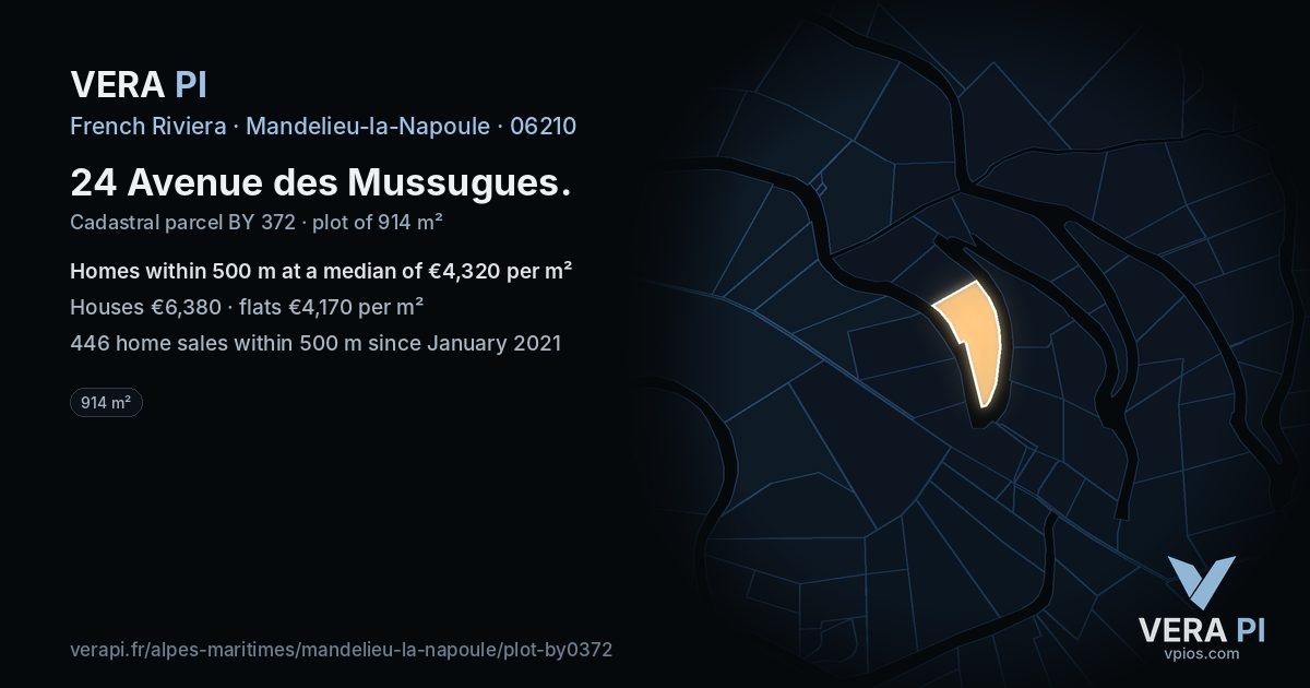 24 Avenue des Mussugues, Mandelieu-la-Napoule at night – the plot lit, the parcels around coloured by the prices near them