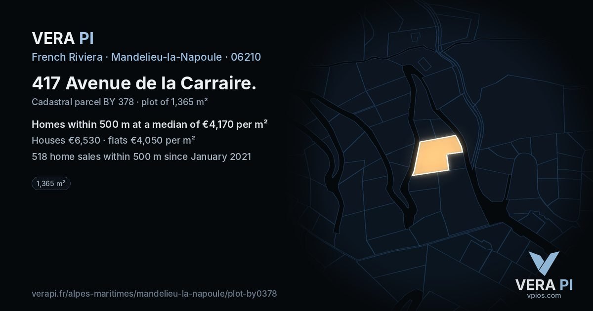 417 Avenue de la Carraire, Mandelieu-la-Napoule at night – the plot lit, the parcels around coloured by the prices near them