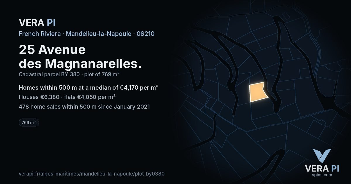25 Avenue des Magnanarelles, Mandelieu-la-Napoule at night – the plot lit, the parcels around coloured by the prices near them