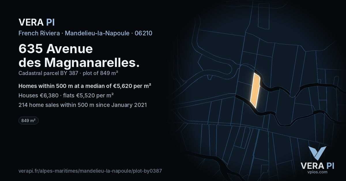 635 Avenue des Magnanarelles, Mandelieu-la-Napoule at night – the plot lit, the parcels around coloured by the prices near them