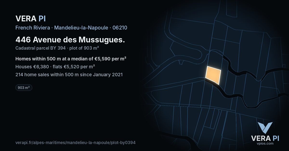 446 Avenue des Mussugues, Mandelieu-la-Napoule at night – the plot lit, the parcels around coloured by the prices near them