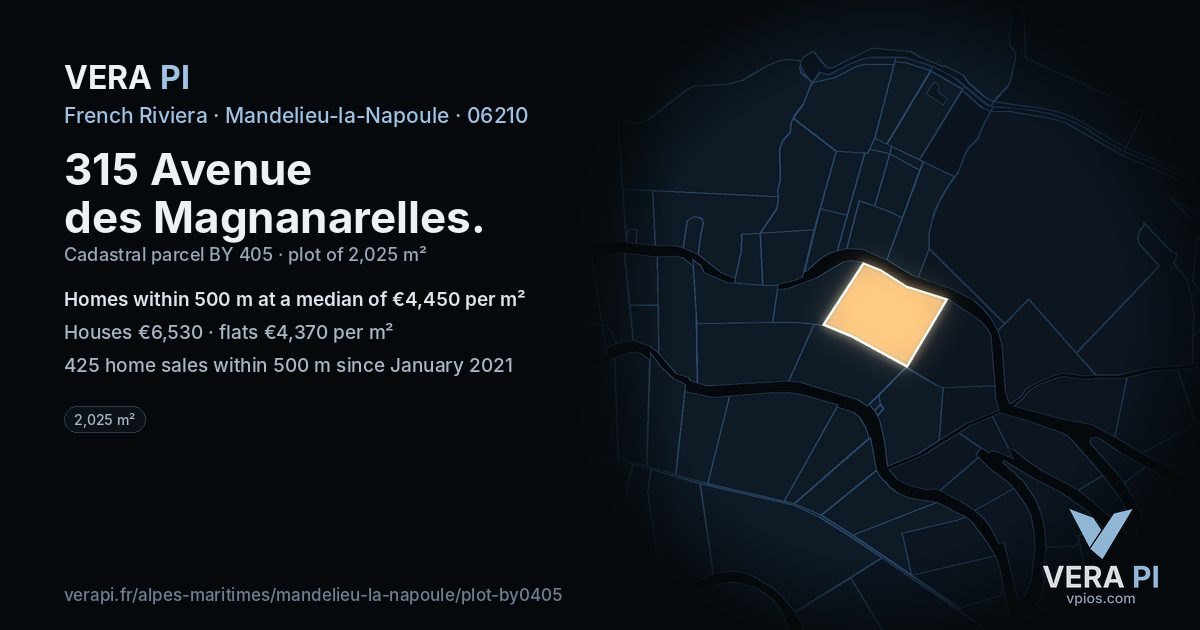 315 Avenue des Magnanarelles, Mandelieu-la-Napoule at night – the plot lit, the parcels around coloured by the prices near them