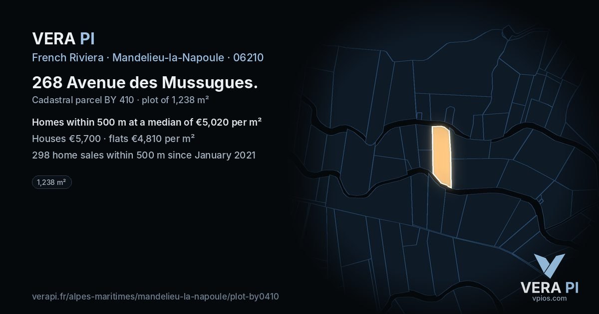 268 Avenue des Mussugues, Mandelieu-la-Napoule at night – the plot lit, the parcels around coloured by the prices near them