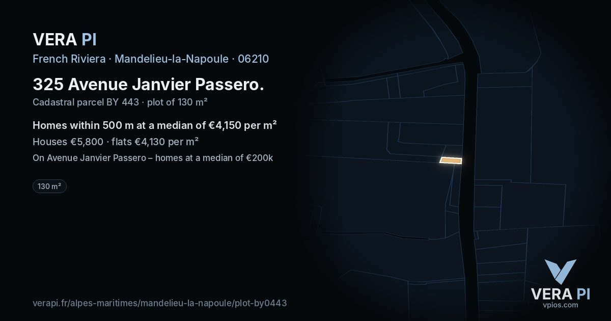 325 Avenue Janvier Passero, Mandelieu-la-Napoule at night – the plot lit, the parcels around coloured by the prices near them