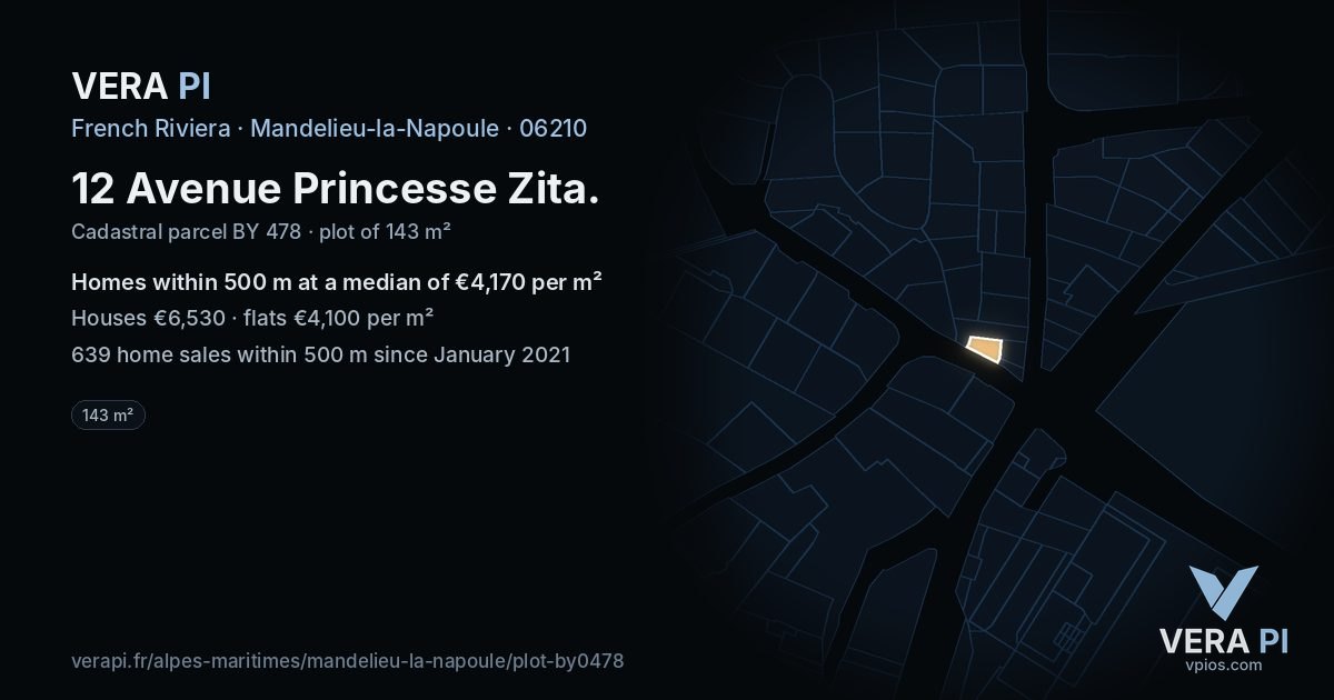 12 Avenue Princesse Zita, Mandelieu-la-Napoule at night – the plot lit, the parcels around coloured by the prices near them