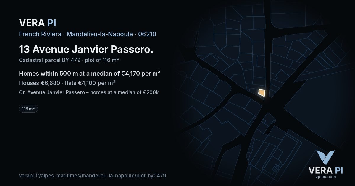 13 Avenue Janvier Passero, Mandelieu-la-Napoule at night – the plot lit, the parcels around coloured by the prices near them