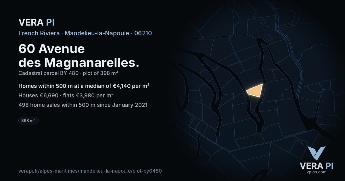60 Avenue des Magnanarelles, Mandelieu-la-Napoule at night – the plot lit, the parcels around coloured by the prices near them