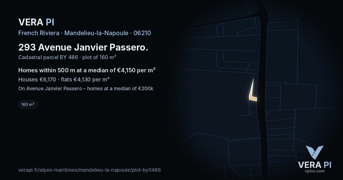 293 Avenue Janvier Passero, Mandelieu-la-Napoule at night – the plot lit, the parcels around coloured by the prices near them