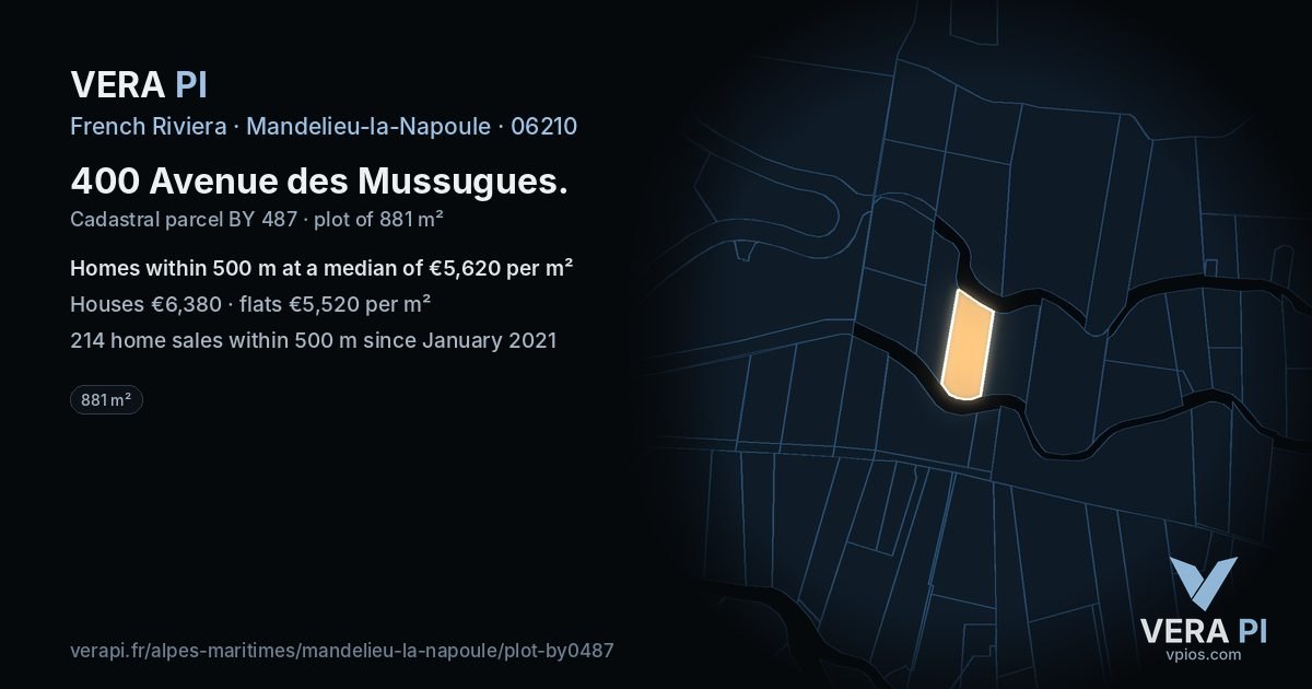 400 Avenue des Mussugues, Mandelieu-la-Napoule at night – the plot lit, the parcels around coloured by the prices near them