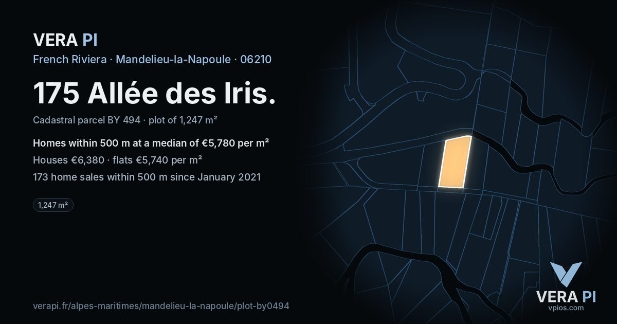 175 Allée des Iris, Mandelieu-la-Napoule at night – the plot lit, the parcels around coloured by the prices near them