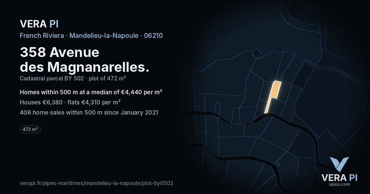 358 Avenue des Magnanarelles, Mandelieu-la-Napoule at night – the plot lit, the parcels around coloured by the prices near them