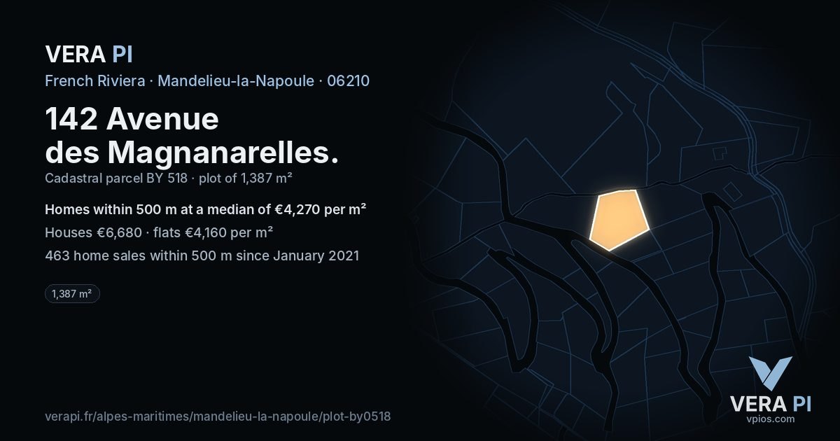 142 Avenue des Magnanarelles, Mandelieu-la-Napoule at night – the plot lit, the parcels around coloured by the prices near them