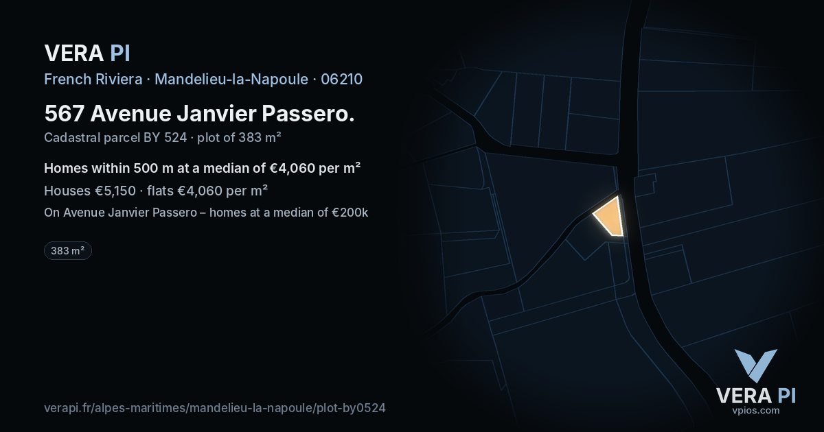 567 Avenue Janvier Passero, Mandelieu-la-Napoule at night – the plot lit, the parcels around coloured by the prices near them