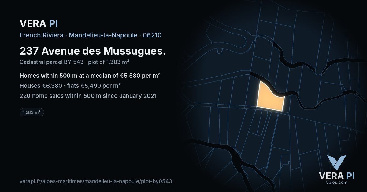 237 Avenue des Mussugues, Mandelieu-la-Napoule at night – the plot lit, the parcels around coloured by the prices near them