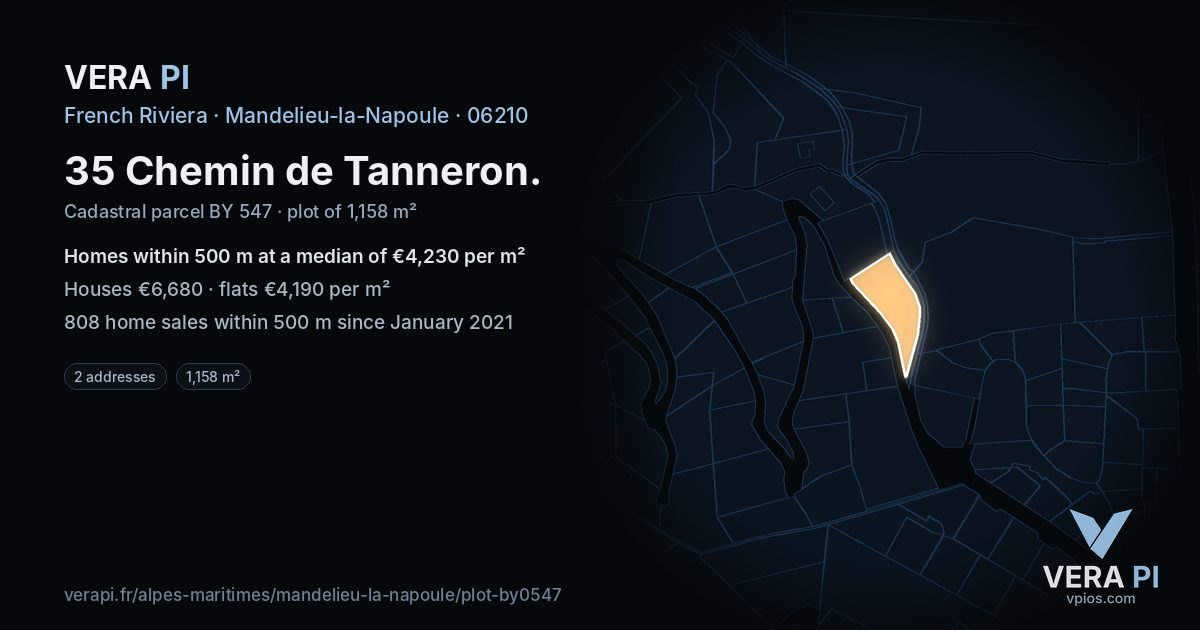 35 Chemin de Tanneron, Mandelieu-la-Napoule at night – the plot lit, the parcels around coloured by the prices near them